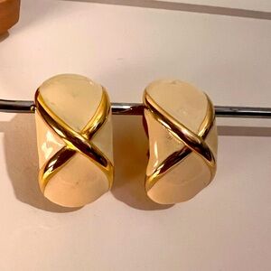 Vintage Gay Boyer Gold and Cream Enamel Clip on Earrings